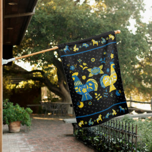 Swedish Folk Dala Rooster l Blue and Yellow House Flag