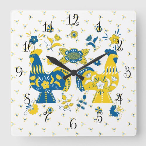 Swedish Folk Dala Rooster l Blue and Yellow Square Wall Clock