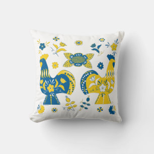 Swedish Folk Dala Rooster l Blue and Yellow Throw Pillow