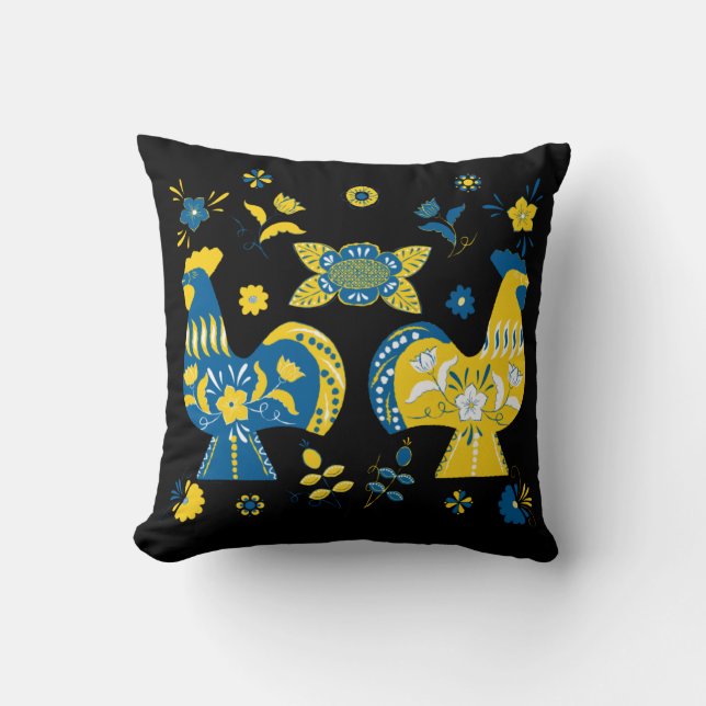 Swedish Folk Dala Rooster Throw Pillow (Front)