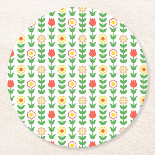 Swedish Folk Flowers Retro Round Paper Coaster