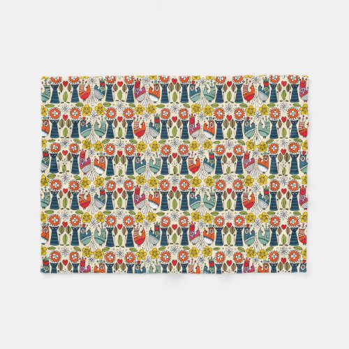 Swedish folksy cats and birds fleece blanket