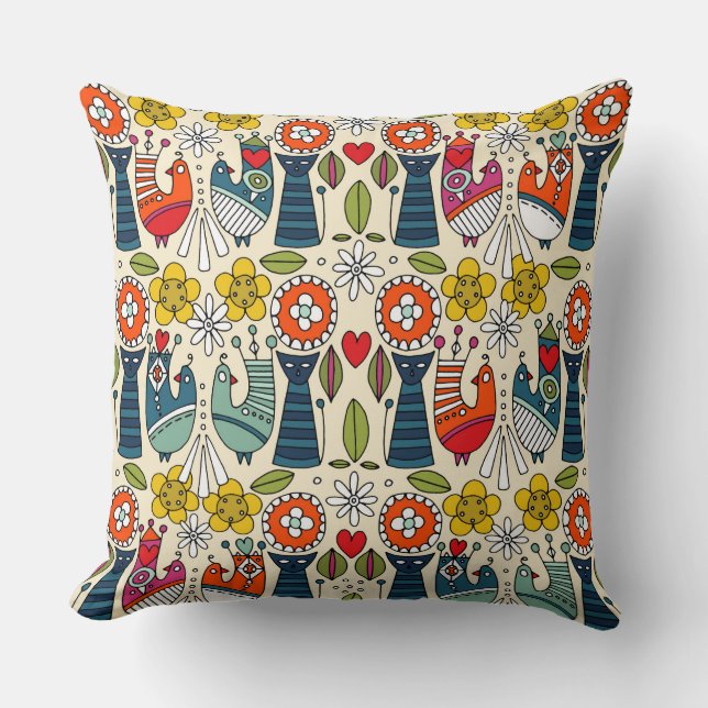 Swedish folksy cats and birds throw pillow (Front)