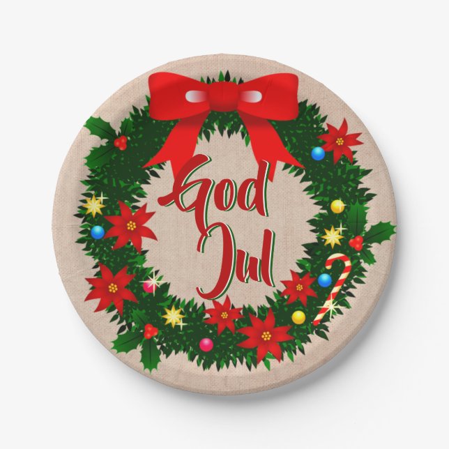 Swedish God Jul Merry Christmas 7" Paper Plates (Front)