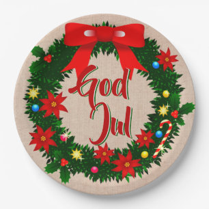 Swedish God Jul Merry Christmas 9" Paper Plates