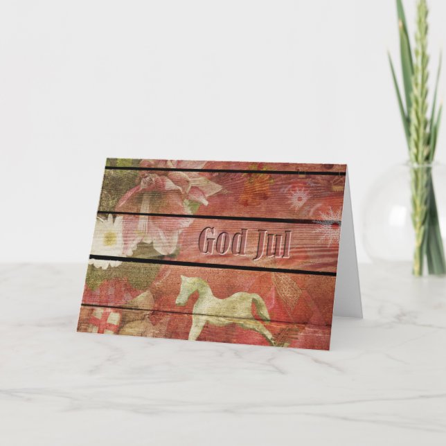 Swedish God Jul on Wooden Christmas Board Holiday Card (Front)