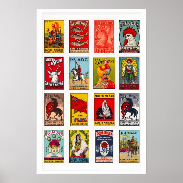 Swedish Matchbox Labels Grid Print, Vintage Poster (Front)