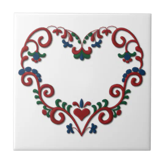 Classic Scandinavian Rosemaling Design Heart Magnet Tile