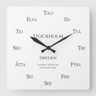 Swedish Numbers Custom City Country Time Zone Square Wall Clock