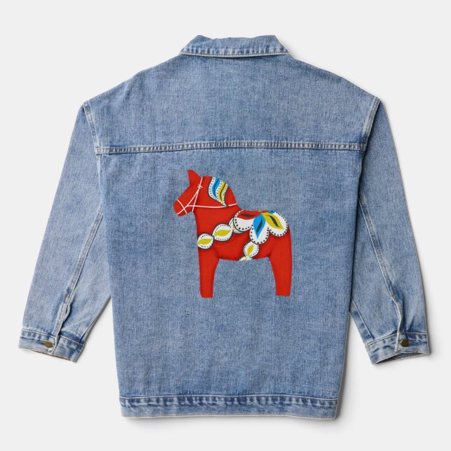 Swedish Red Dala Horse | Folk Art Denim Jacket (Back)