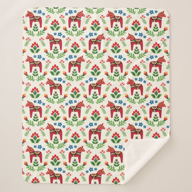 Swedish Red Dala Horses Sherpa Blanket (Front)