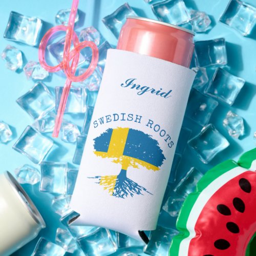 Swedish Roots Flag Personalized Seltzer Can Cooler
