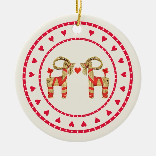 Swedish Straw Goat Julbok Heart Circle Ceramic Ornament (Front)