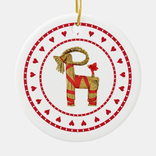 Swedish Straw Goat with Hearts Ceramic Ornament