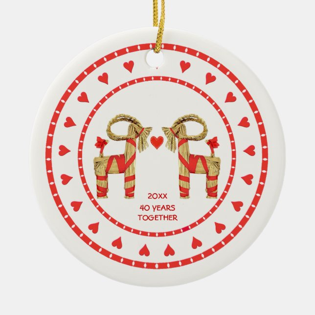 Swedish Straw Goats 40 Years Together Dated Ceramic Ornament (Front)