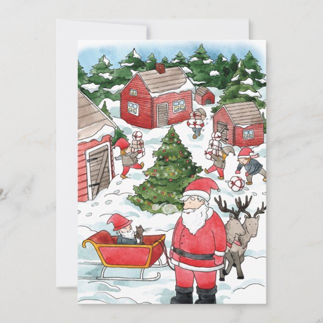 Swedish Tomten Christmas Village Watercolor Holiday Card (Front)