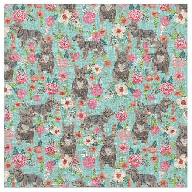 swedish vallhund dog florals mint fabric (Close Up)