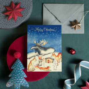 Swedish Vintage Woodland Dark Blue Merry Christmas Holiday Card
