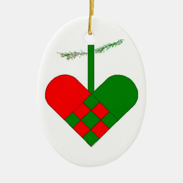 Swedish Woven Paper Heart Scandinavian Ceramic Ornament (Front)