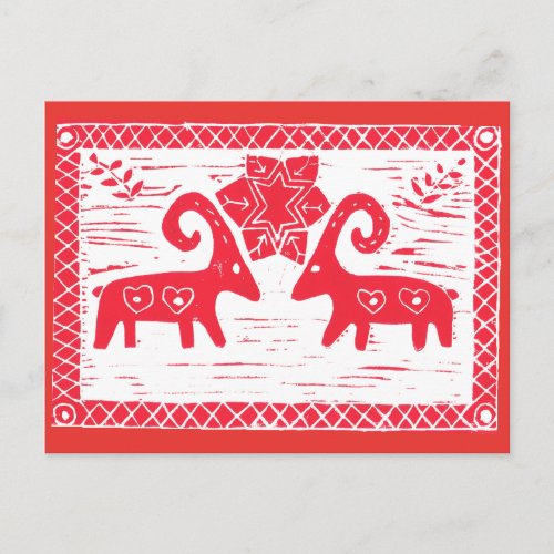 Swedish Yule Goats  Red White Christmas Holiday Postcard