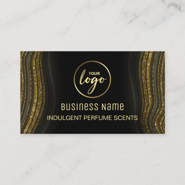Sweeping Glitter Agate Black And Gold Perfume Business Card (Front)