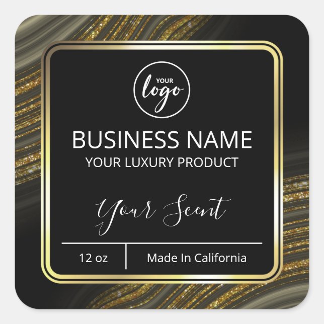 Sweeping Glitter Agate Gold Black Candle Labels (Front)