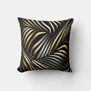 Sweeping Gold and Silver Stripes on Black Throw Pillow