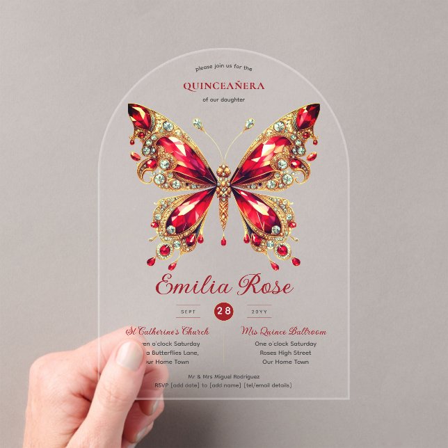 Sweet15 Butterflies QUINCEANERA Red Card Diamond Acrylic Invitations (Insitu (Handheld))