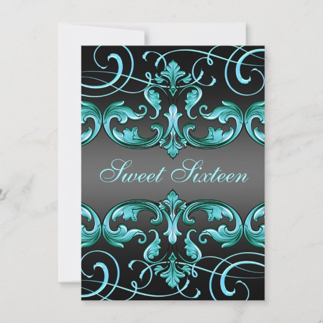 Sweet16 Black/Blue Damask & Tiara Birthday Invite (Front)