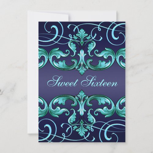 Sweet16 Dark Blue Damask &amp; Tiara Birthday Invite