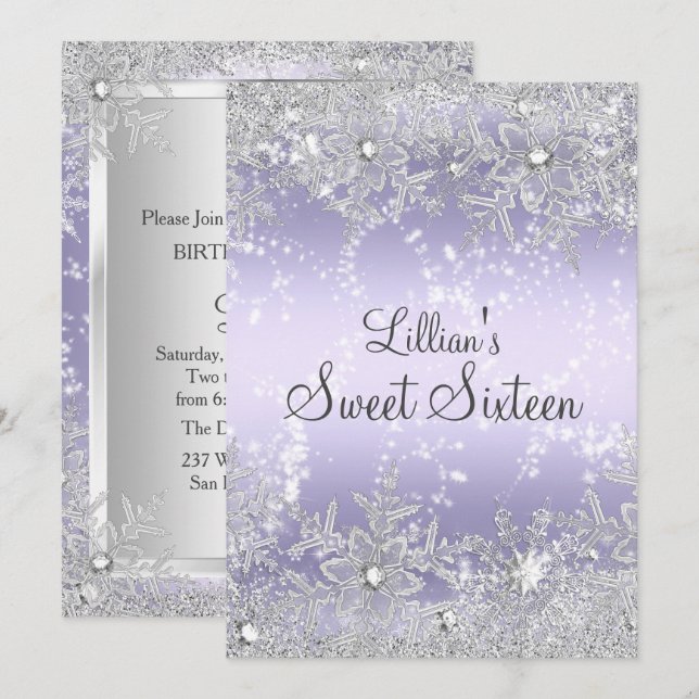 Sweet16 Diamond Snowflake Purple Winter Wonderland Invitation (Front/Back)