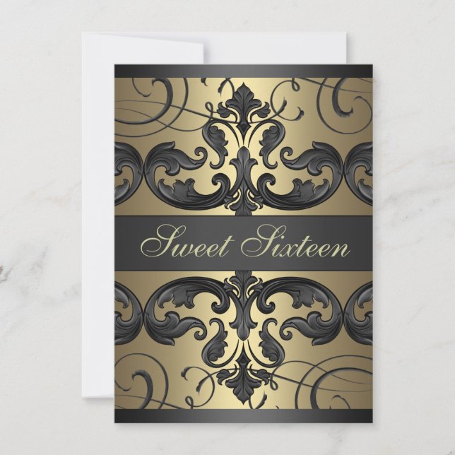 Sweet16 Gold/Black Damask & Tiara Birthday Invite (Front)