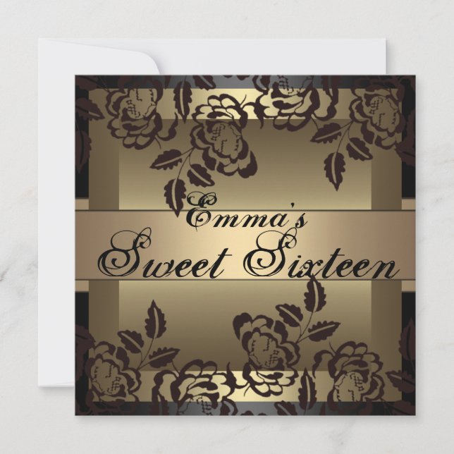 Sweet16 Gold Elegant Rose Birthday Invite (Front)