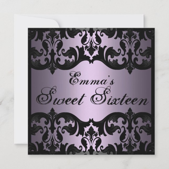 Sweet16 Purple Elegant Damask Birthday Invite (Front)
