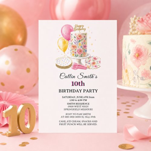 Sweet 10th Floral Cake Girls Ten Kids Birthday Invitation