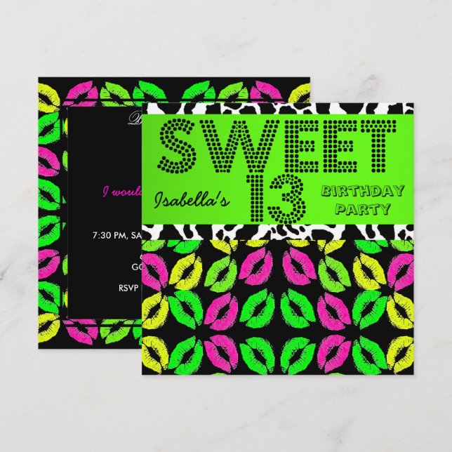 Sweet 13 13th Birthday Lips Cow Lime Pink Black Invitation (Front/Back)
