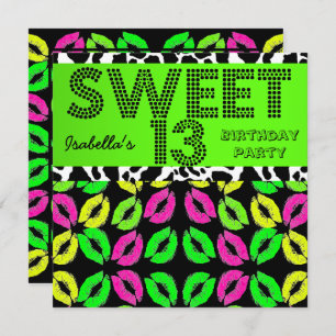 Sweet 13 13th Birthday Lips Cow Lime Pink Black Invitation
