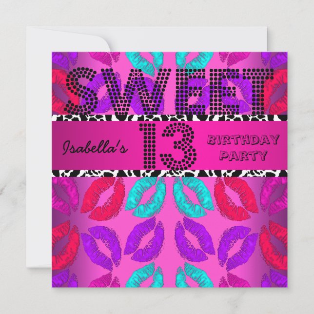 Sweet 13 13th Birthday Lips Cow Pink Black Invitation (Front)