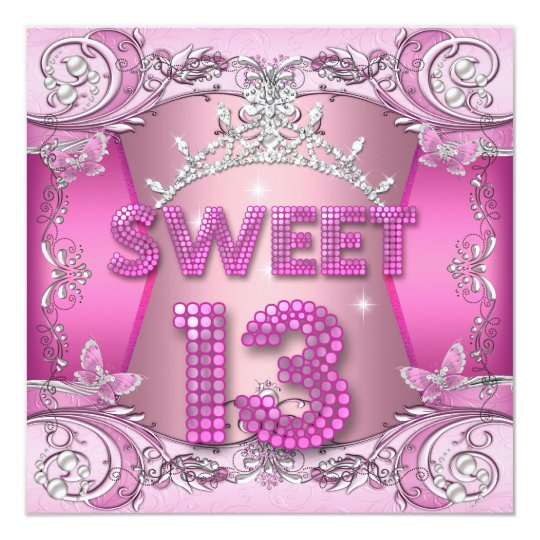 Sweet 13 13th Birthday Party Pink Silver Tiara Card | Zazzle.com