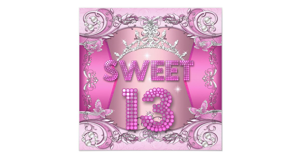 Sweet 13 13th Birthday Party Pink Silver Tiara Card | Zazzle.com