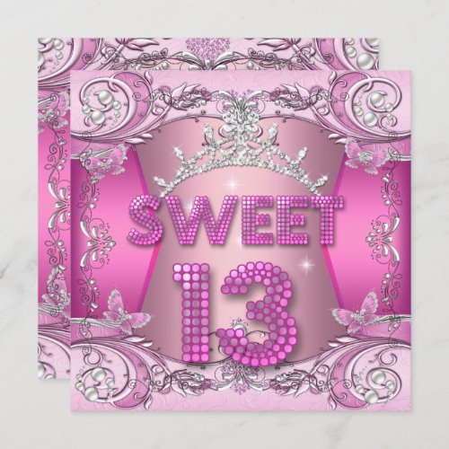 Sweet 13 13th Birthday Party Pink Silver Tiara Invitation