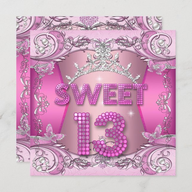 Sweet 13 13th Birthday Party Pink Silver Tiara Invitation (Front/Back)