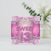 Sweet 13 13th Birthday Party Pink Silver Tiara Invitation (Standing Front)