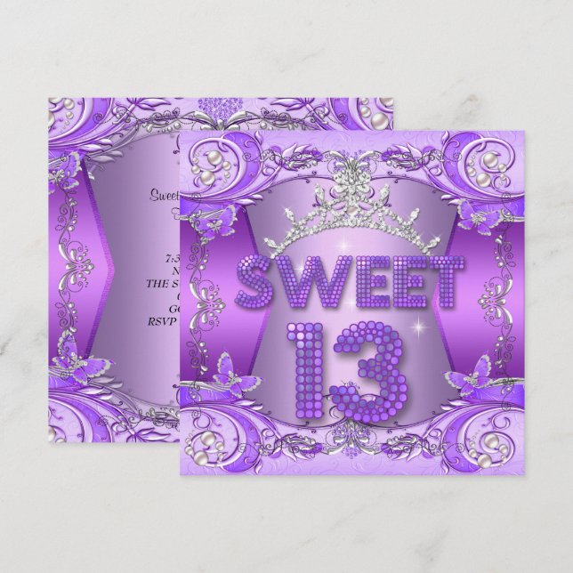 Sweet 13 13th Birthday Party Purple Silver Tiara Invitation (Front/Back)