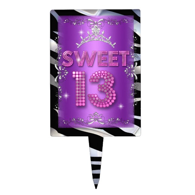 Sweet 13 13th Birthday Pink Purple Zebra Cake Topper (Front)