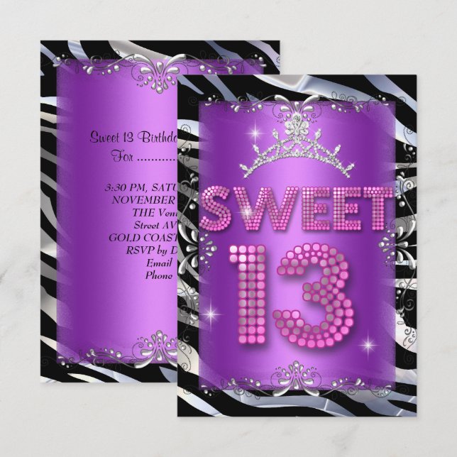Sweet 13 13th Birthday Pink Purple Zebra Invitation (Front/Back)