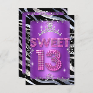 Sweet 13 13th Birthday Pink Purple Zebra Invitation