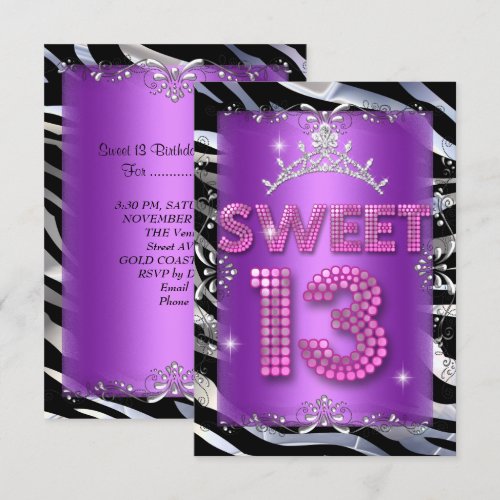 Sweet 13 13th Birthday Pink Purple Zebra Custom Invitation