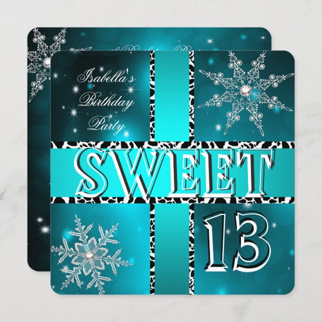 Sweet 13 13th Birthday Teal Winter Wonderland 2 Invitation (Front/Back)