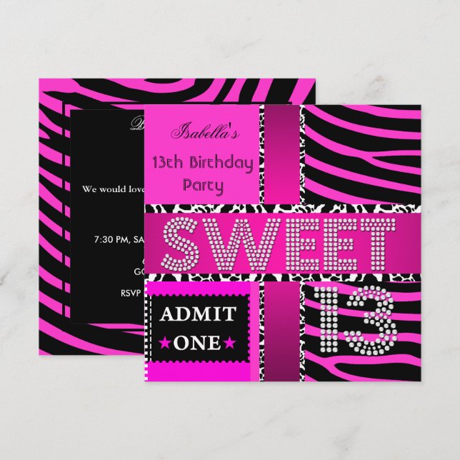 Sweet 13 13th Birthday Zebra Cow Hot Pink Black Invitation (Front/Back)